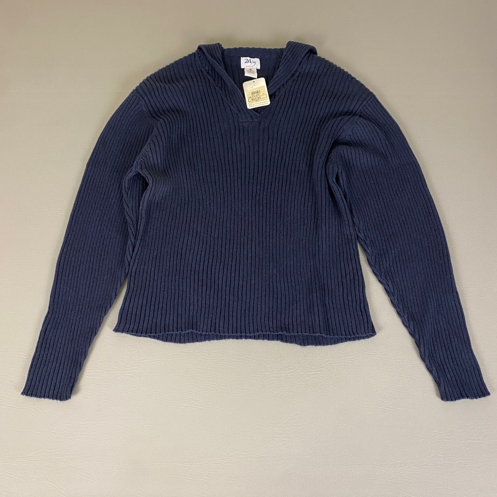 24/7‎ Denim Sailor Sweater Women's XL Blue V Neck Ribbed Cotton Blend New NWT